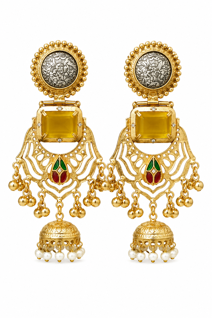 Traditional Yellow Gold Plated Cutout Chandbali Jhumka Earrings Pearls