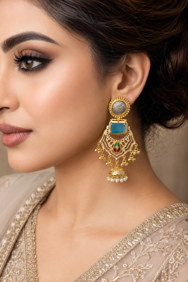 Traditional Turquoise Gold Plated Cutout Statement Jhumka Earrings Pearls