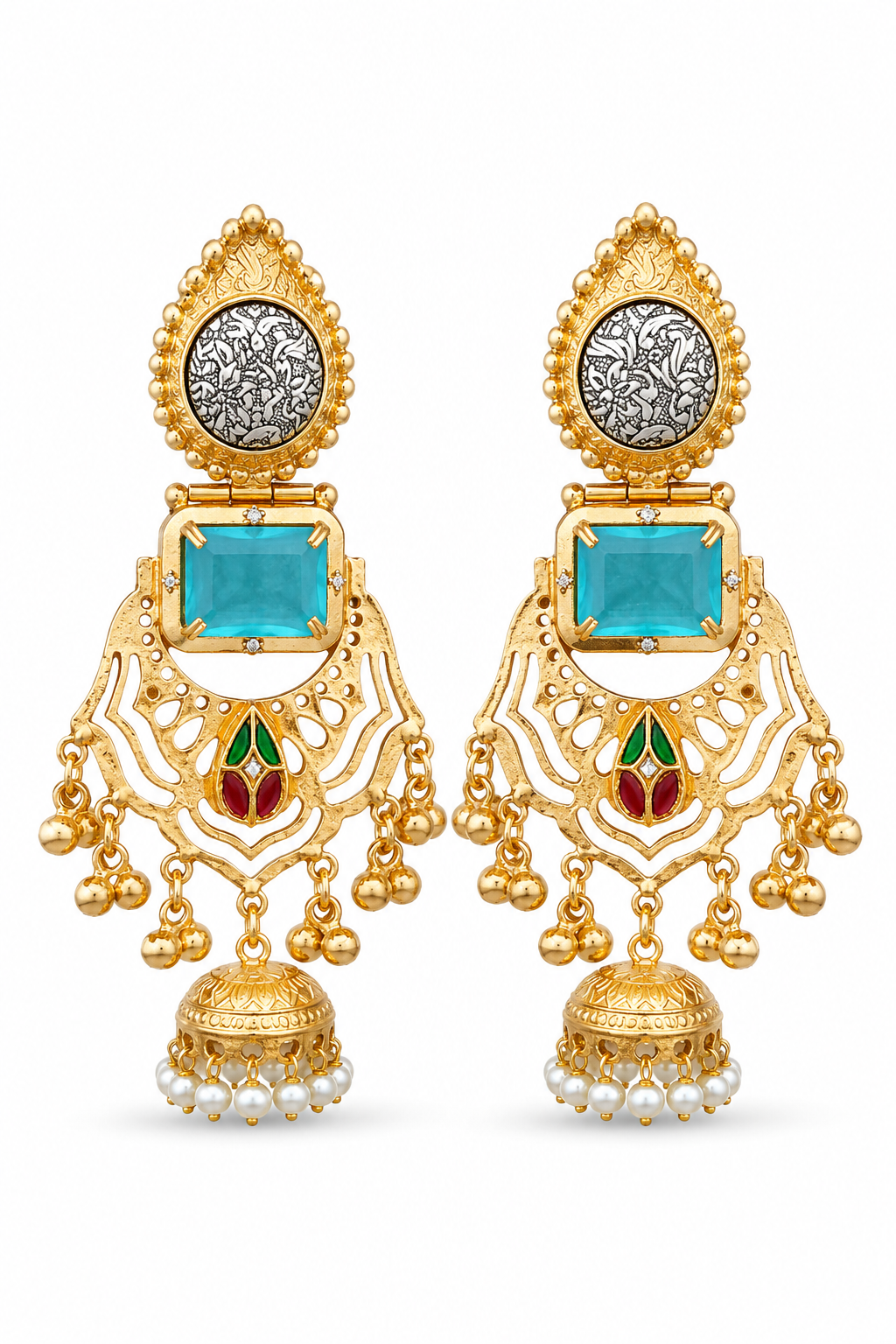 Traditional Turquoise Gold Plated Cutout Statement Jhumka Earrings Pearls