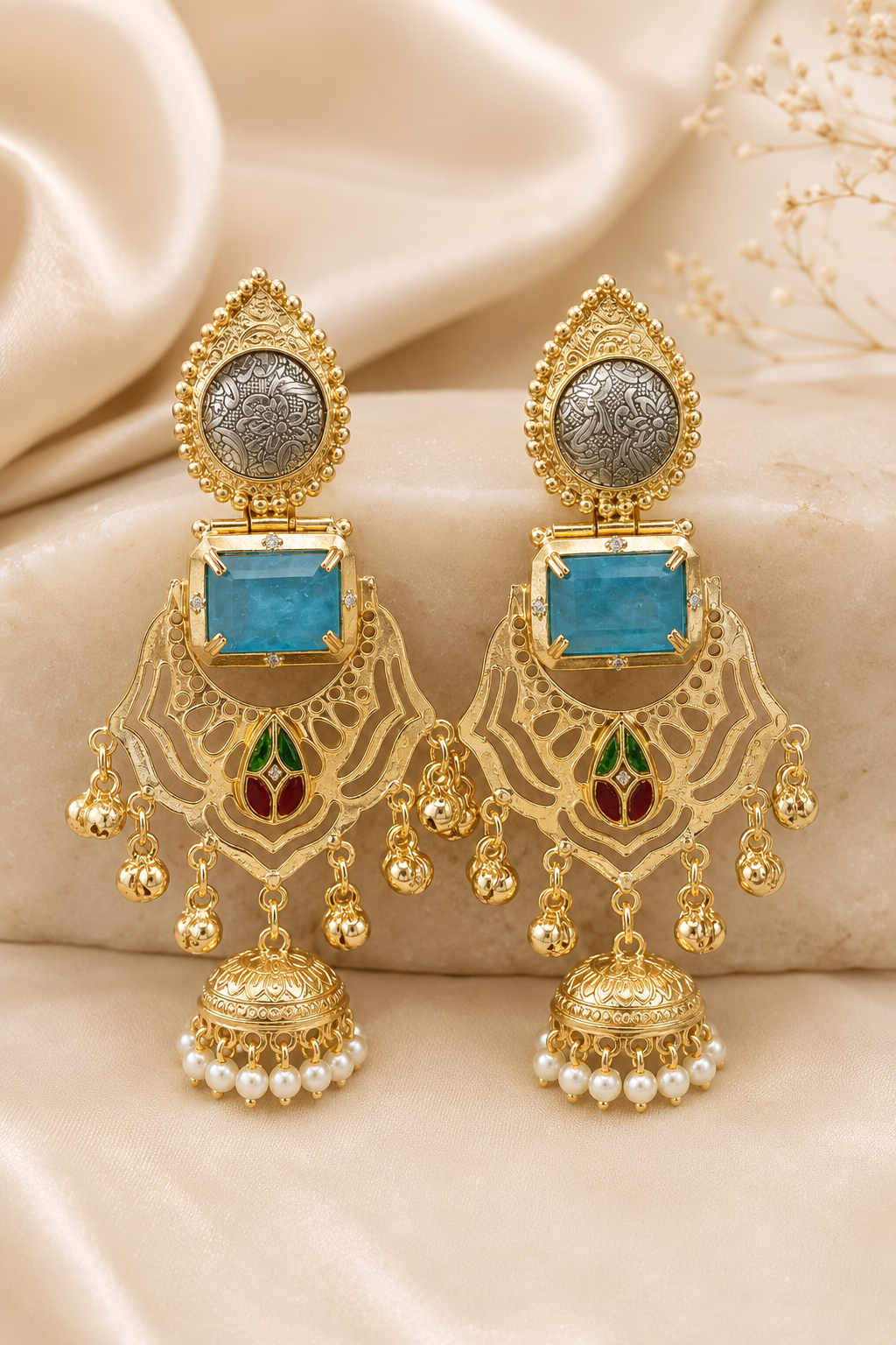 Traditional Turquoise Gold Plated Cutout Statement Jhumka Earrings Pearls