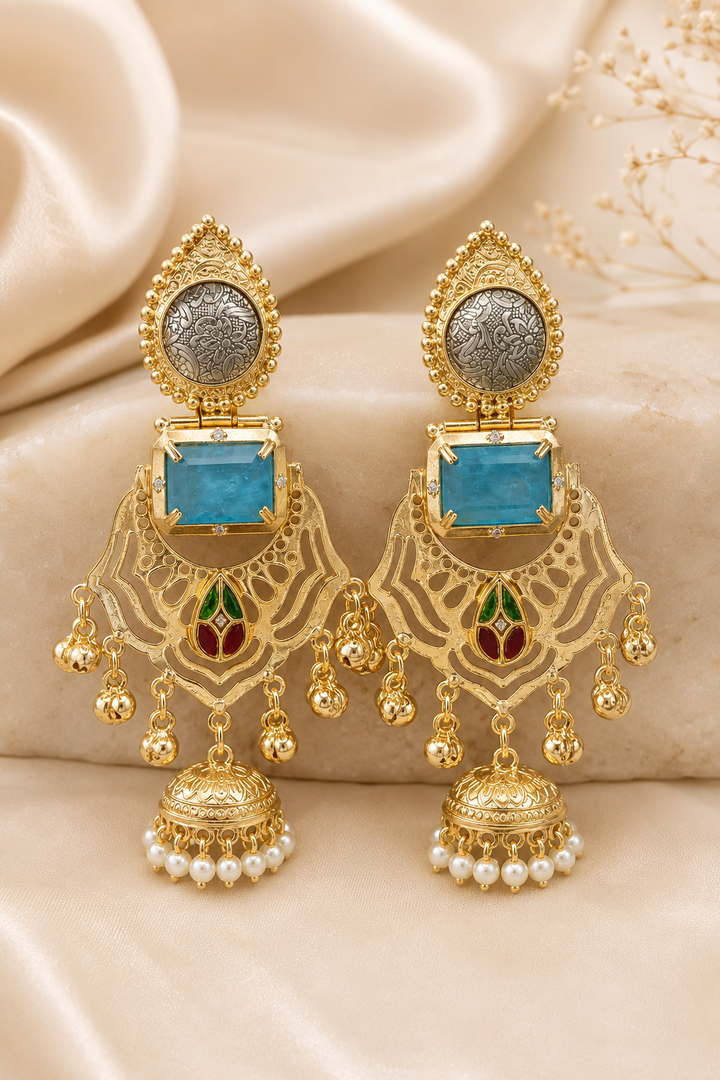 Traditional Turquoise Gold Plated Cutout Statement Jhumka Earrings Pearls