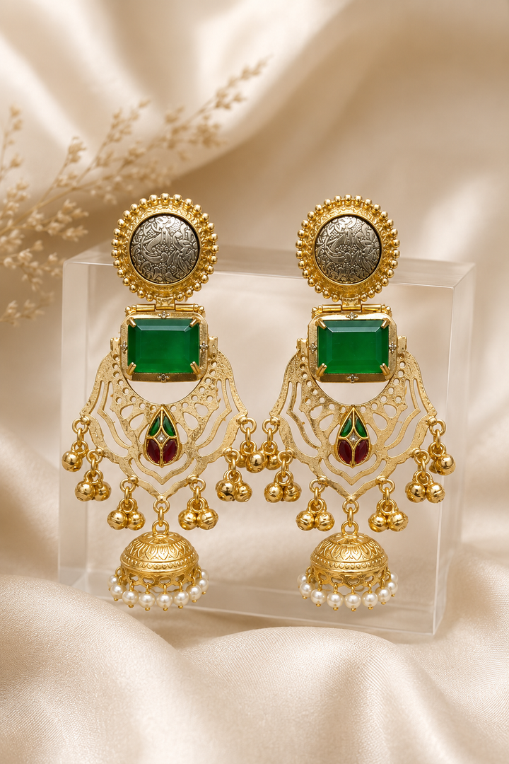 Traditional Emerald Green Jhumka Earrings With Dual Tone Coin Studs