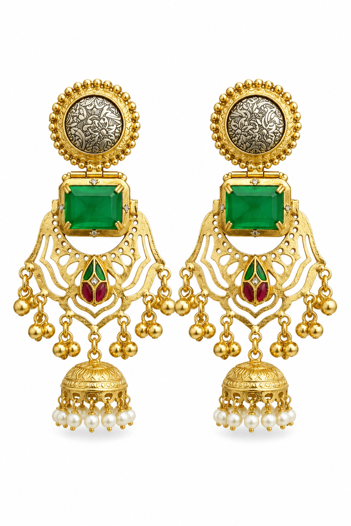 Traditional Emerald Green Jhumka Earrings With Dual Tone Coin Studs