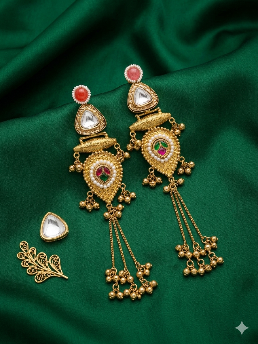 Traditional Kundan Tassel Earrings with Pearl Accents, Multicolor Stone Detailing and Antique Gold Finish for Festive Ethnic Glamour