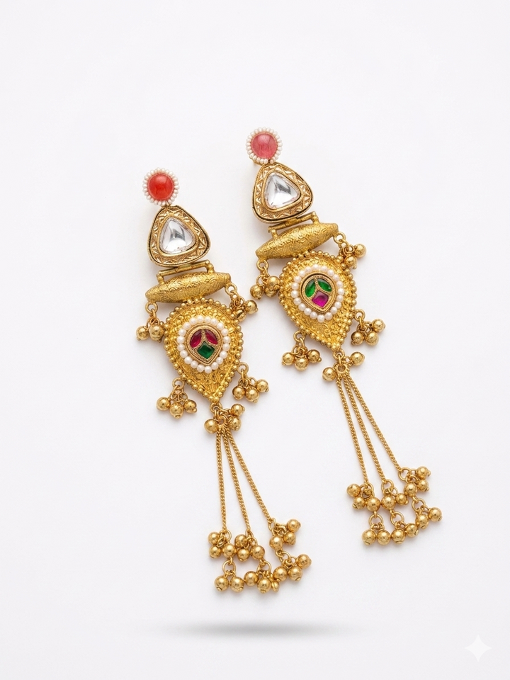 Traditional Kundan Tassel Earrings with Pearl Accents, Multicolor Stone Detailing and Antique Gold Finish for Festive Ethnic Glamour