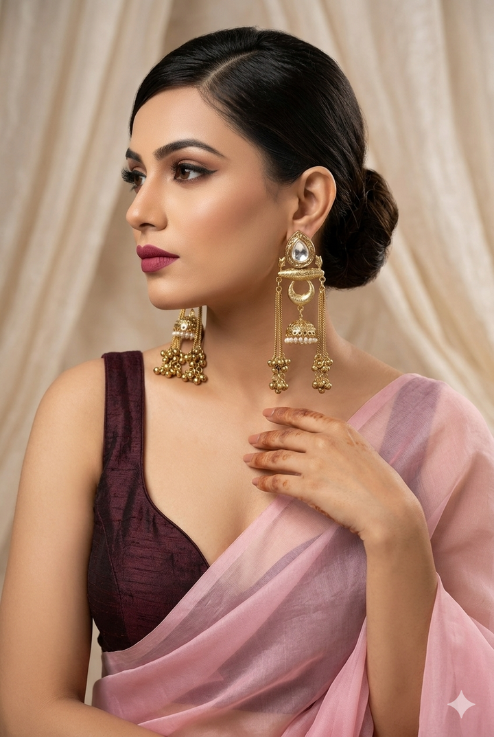 Royal Kundan Pearl Jhumka Earrings with Ghungroo Tassels for Wedding Party Festive Ethnic Wear