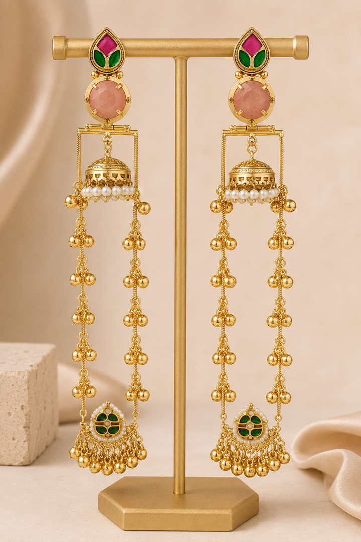Pink Meenakari Jhumka Ear Chains