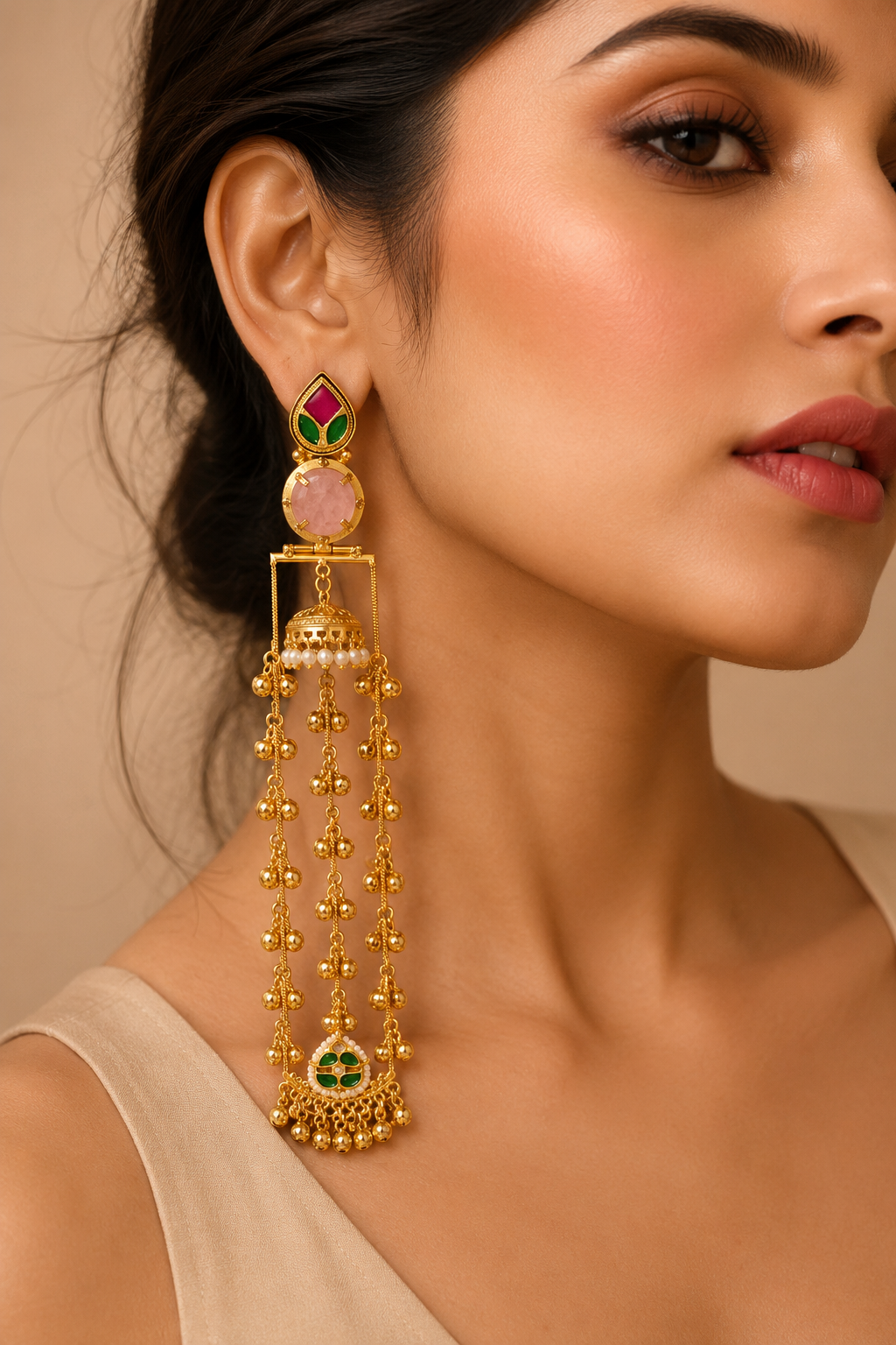Pink Meenakari Jhumka Ear Chains