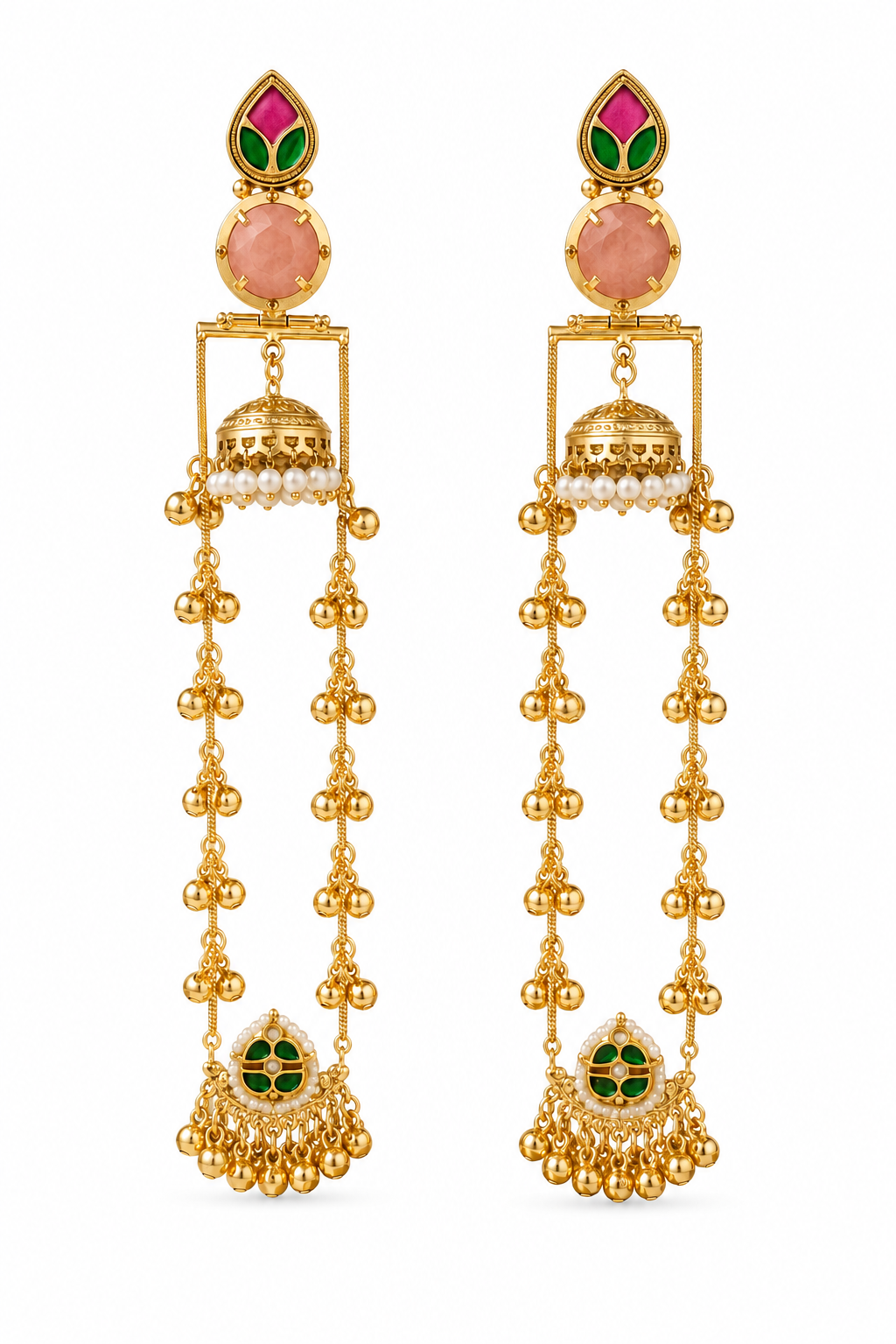 Pink Meenakari Jhumka Ear Chains