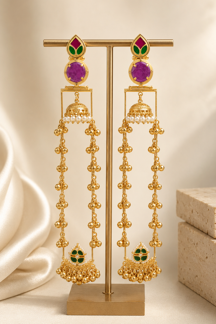 Purple Meenakari Long Jhumka Earrings
