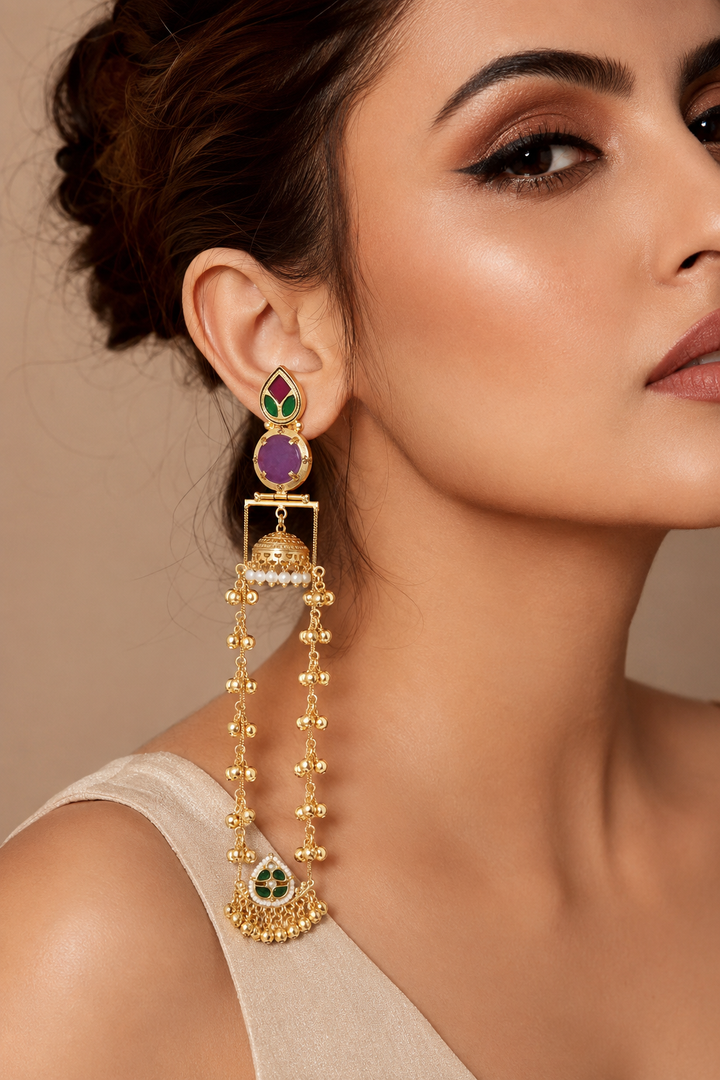 Purple Meenakari Long Jhumka Earrings