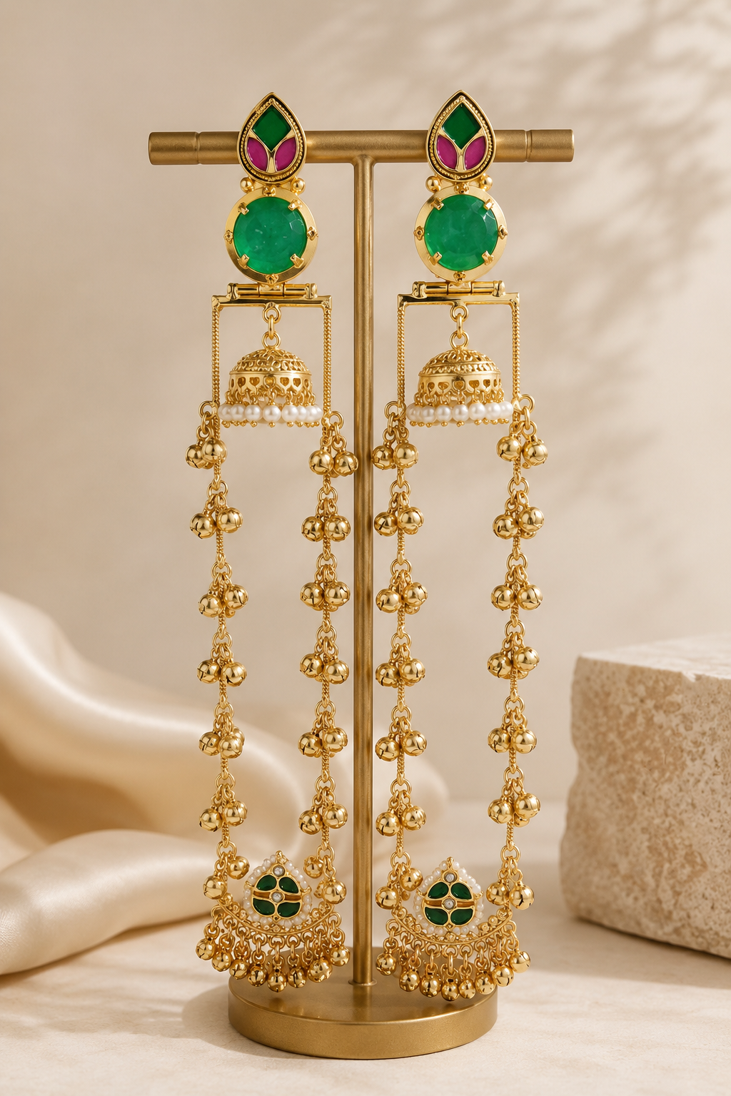 Green Meenakari Jhumka Ear Chains