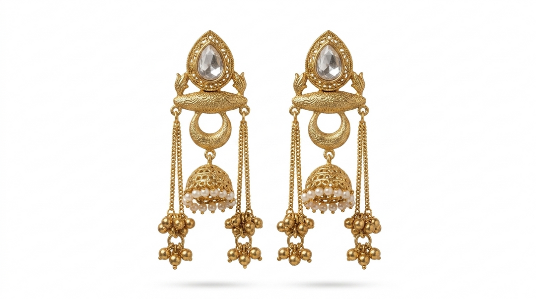 Royal Kundan Pearl Jhumka Earrings with Ghungroo Tassels for Wedding Party Festive Ethnic Wear