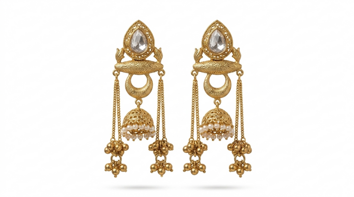 Royal Kundan Pearl Jhumka Earrings with Ghungroo Tassels for Wedding Party Festive Ethnic Wear