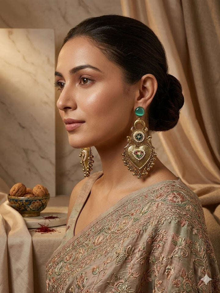 Antique Gold Pearl Chandbali Earrings with Torquoise Stone Detailing for Festive Wedding Traditional Ethnic Party Wear