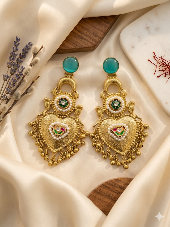 Antique Gold Pearl Chandbali Earrings with Torquoise Stone Detailing for Festive Wedding Traditional Ethnic Party Wear