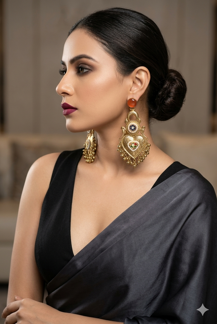 Traditional Kashmiri Orange Stone Earrings with Antique Pearl Chandbali Design for Wedding Festive Ethnic Party Wear