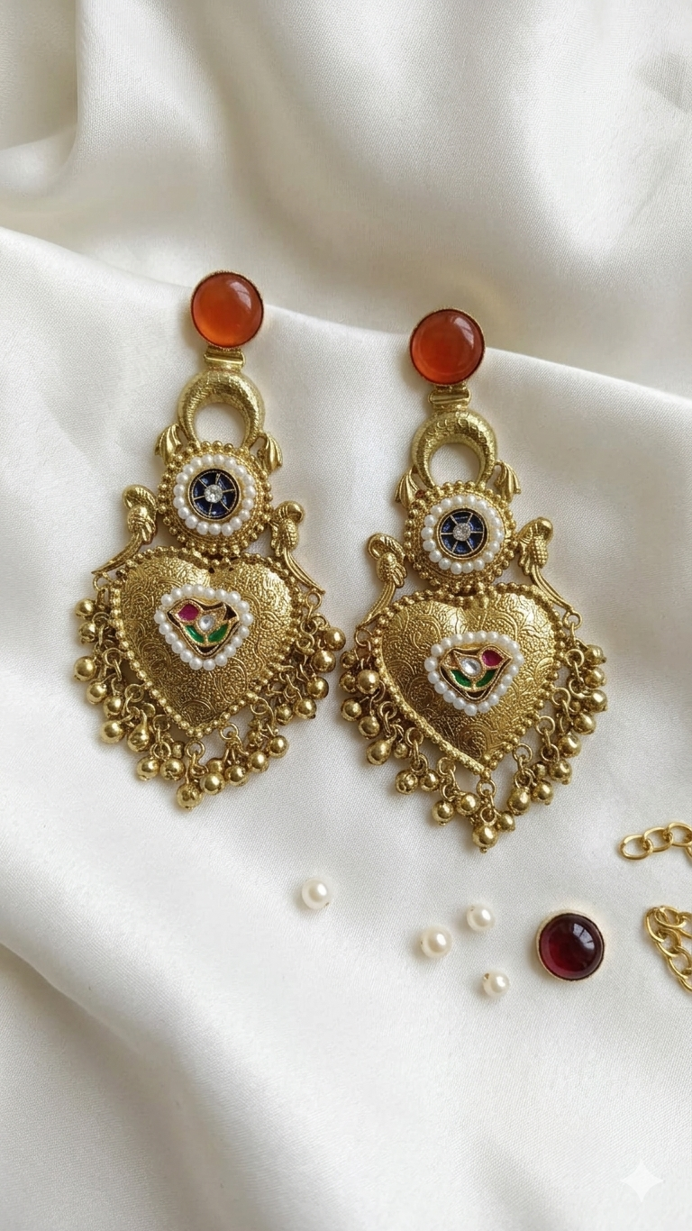 Traditional Kashmiri Orange Stone Earrings with Antique Pearl Chandbali Design for Wedding Festive Ethnic Party Wear