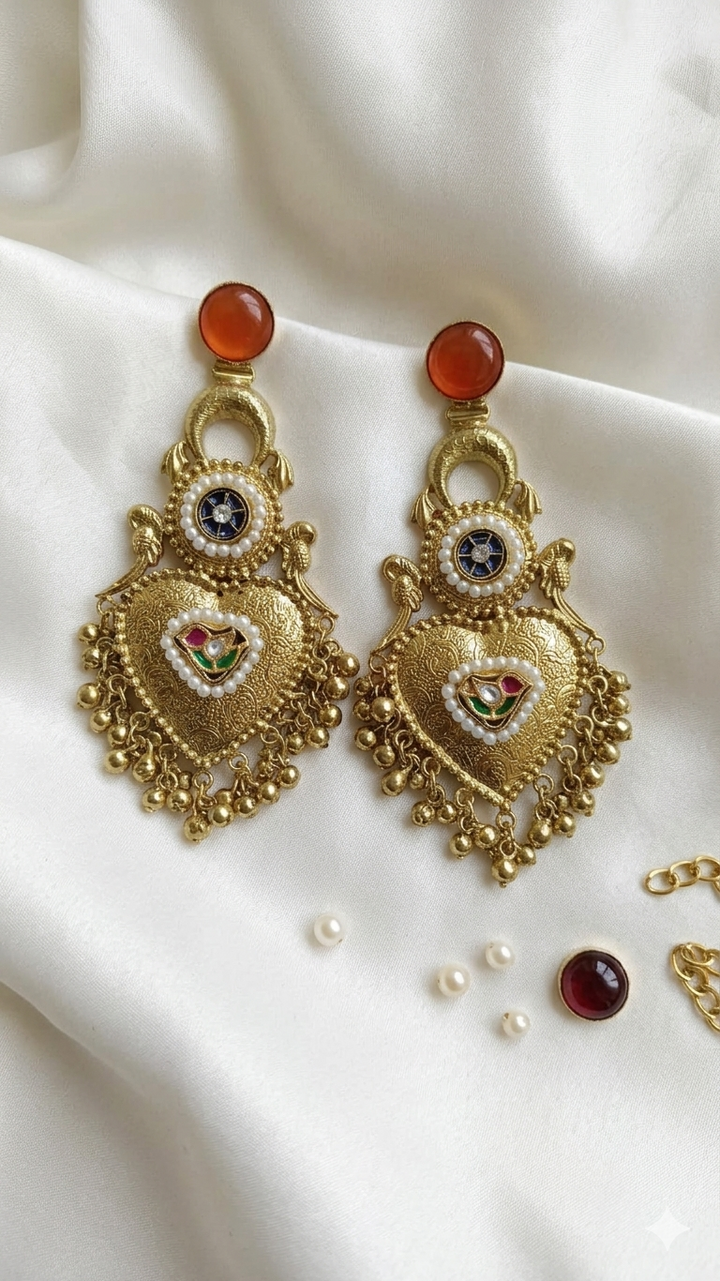 Traditional Kashmiri Orange Stone Earrings with Antique Pearl Chandbali Design for Wedding Festive Ethnic Party Wear