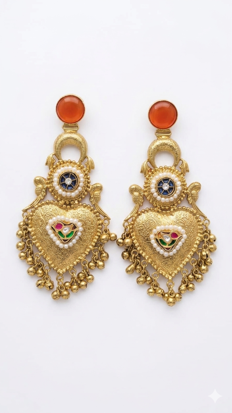 Traditional Kashmiri Orange Stone Earrings with Antique Pearl Chandbali Design for Wedding Festive Ethnic Party Wear