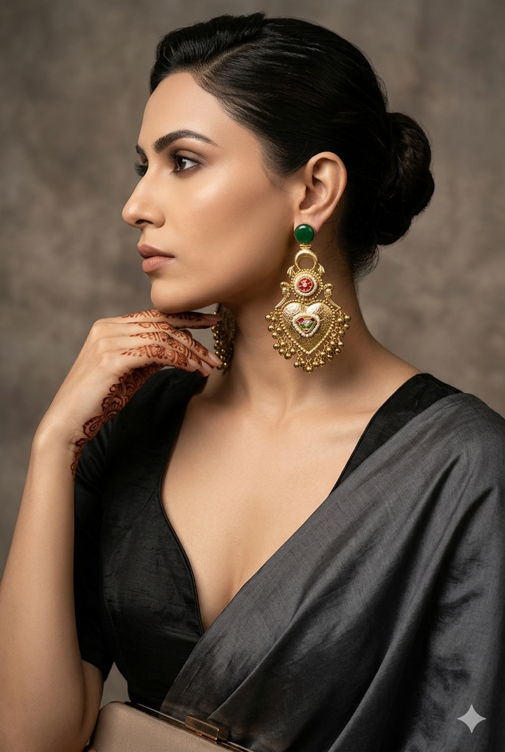 Traditional Kashmiri Green Stone Earrings with Antique Pearl Chandbali Design for Festive Wedding Ethnic Party Wear