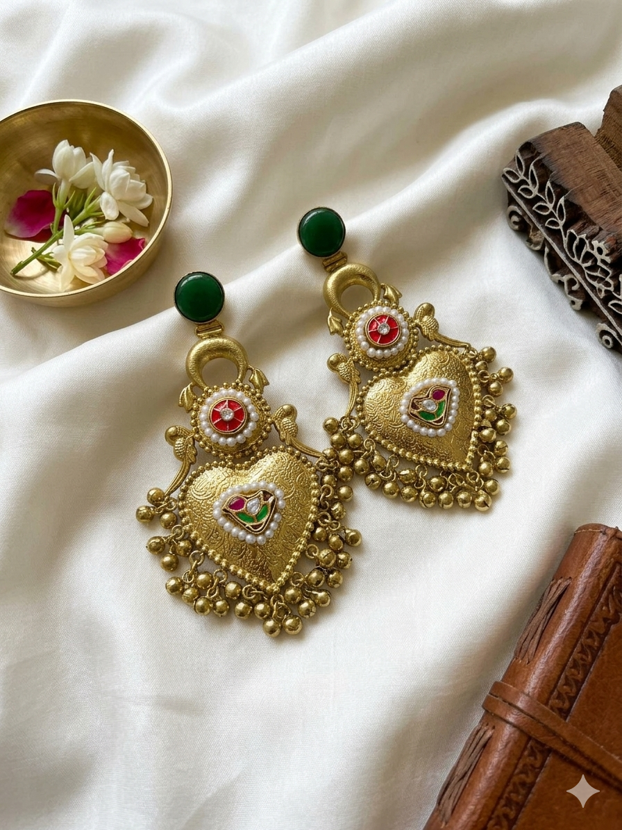 Traditional Kashmiri Green Stone Earrings with Antique Pearl Chandbali Design for Festive Wedding Ethnic Party Wear
