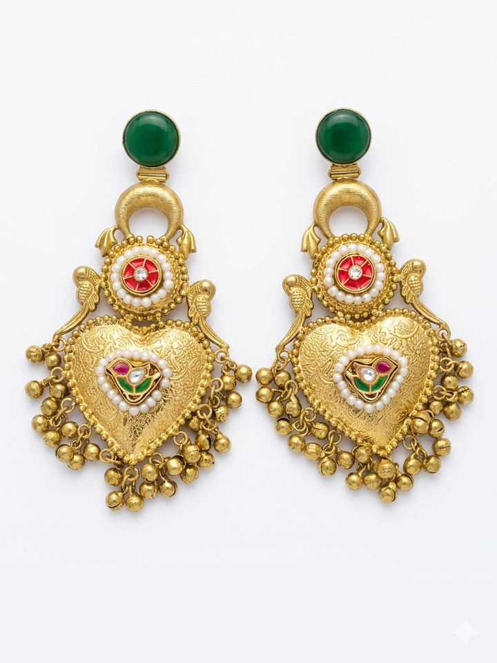 Traditional Kashmiri Green Stone Earrings with Antique Pearl Chandbali Design for Festive Wedding Ethnic Party Wear