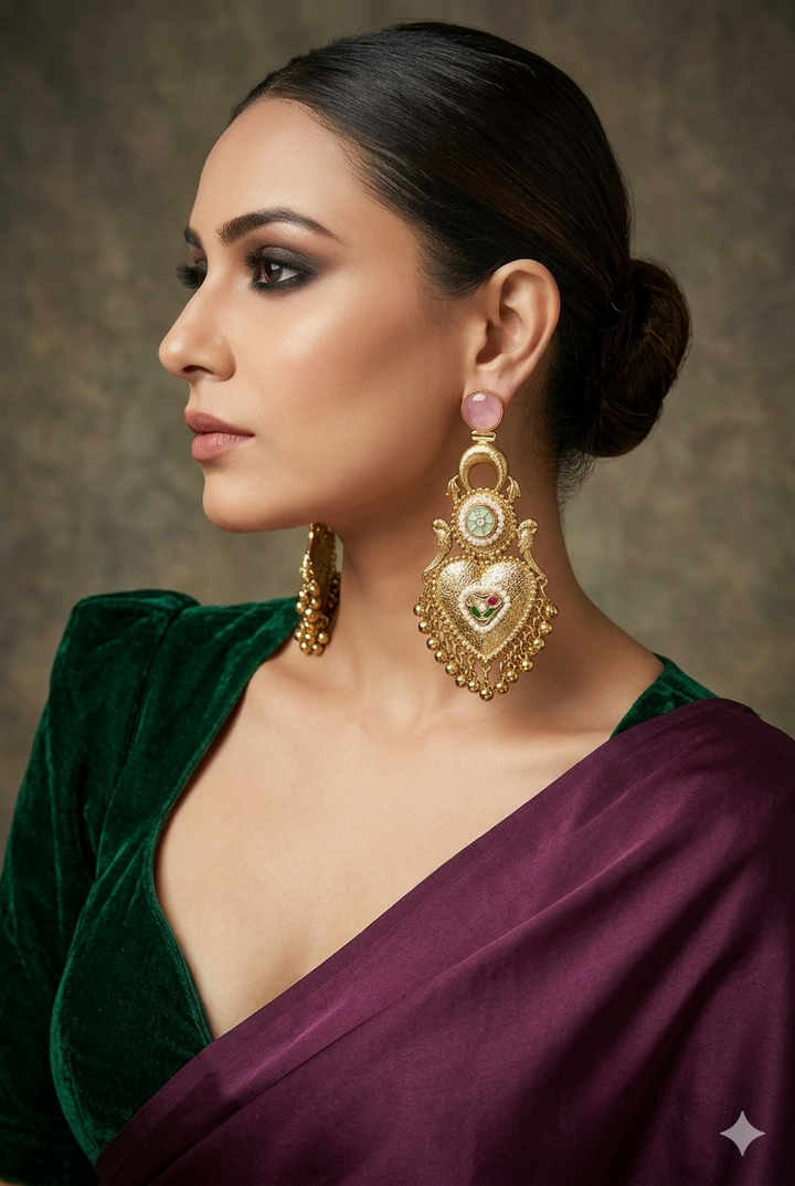 Traditional Kashmiri Pink Stone Earrings with Antique Pearl Chandbali Design for Wedding Festive Ethnic Party Wear