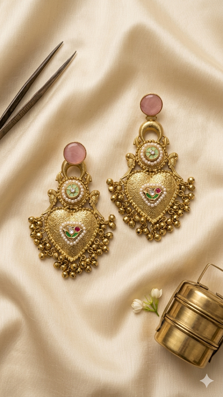 Traditional Kashmiri Pink Stone Earrings with Antique Pearl Chandbali Design for Wedding Festive Ethnic Party Wear