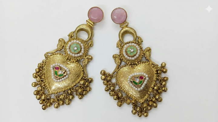 Traditional Kashmiri Pink Stone Earrings with Antique Pearl Chandbali Design for Wedding Festive Ethnic Party Wear