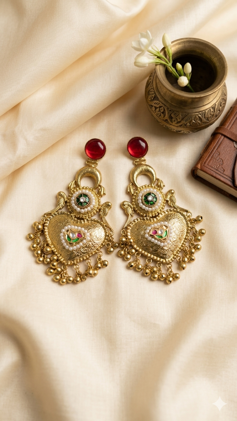 Traditional Kashmiri Earrings with Red Stone Antique Pearl Chandbali Design for Festive Wedding Ethnic Party Wear Women