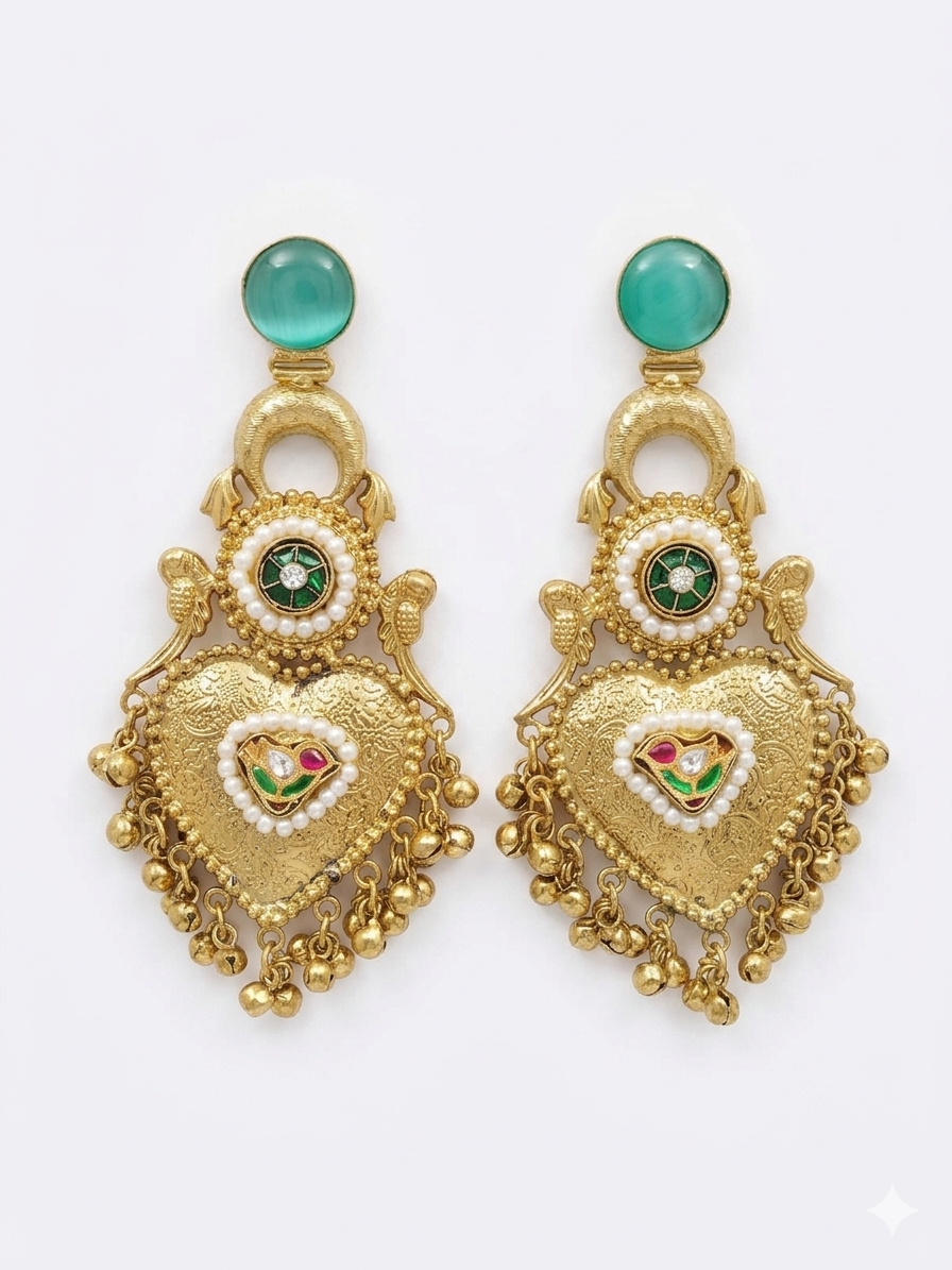 Antique Gold Pearl Chandbali Earrings with Torquoise Stone Detailing for Festive Wedding Traditional Ethnic Party Wear