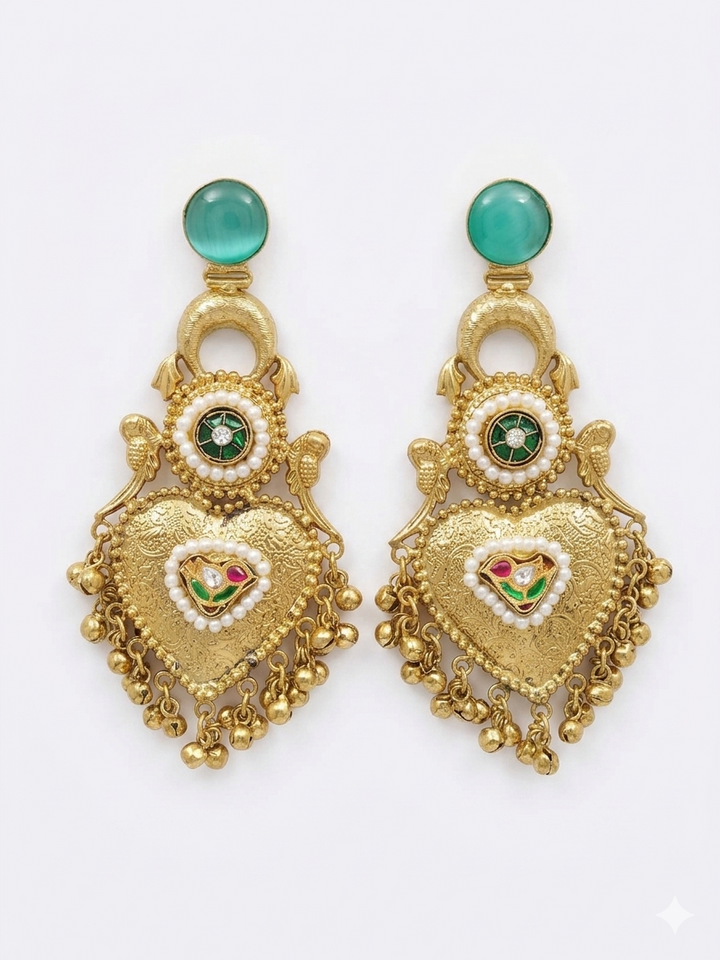 Antique Gold Pearl Chandbali Earrings with Torquoise Stone Detailing for Festive Wedding Traditional Ethnic Party Wear