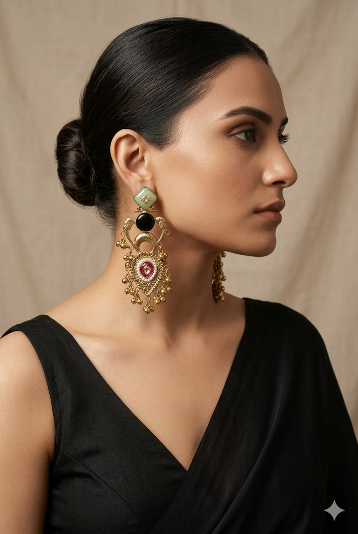Royal Mint Green & Black Kashmiri Earrings with Pearl Detailing and Antique Gold Finish for Traditional Ethnic Elegance