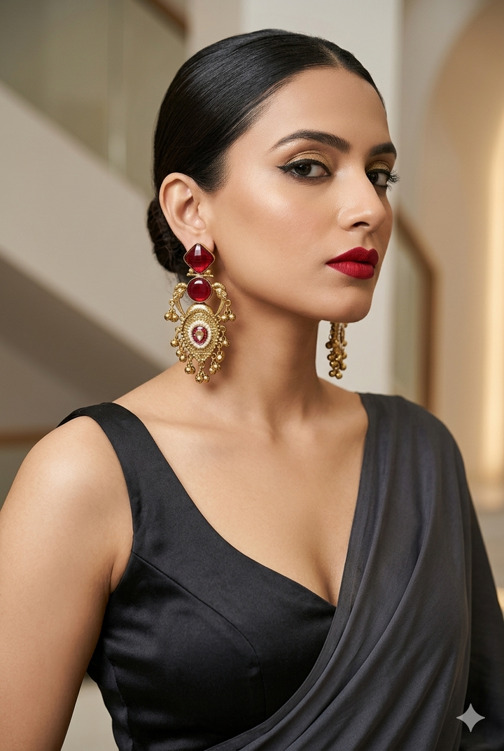 Antique Red Stone Kashmiri Earrings with Pearl Embellishments and Traditional Gold Finish for Festive Ethnic Statement Styling