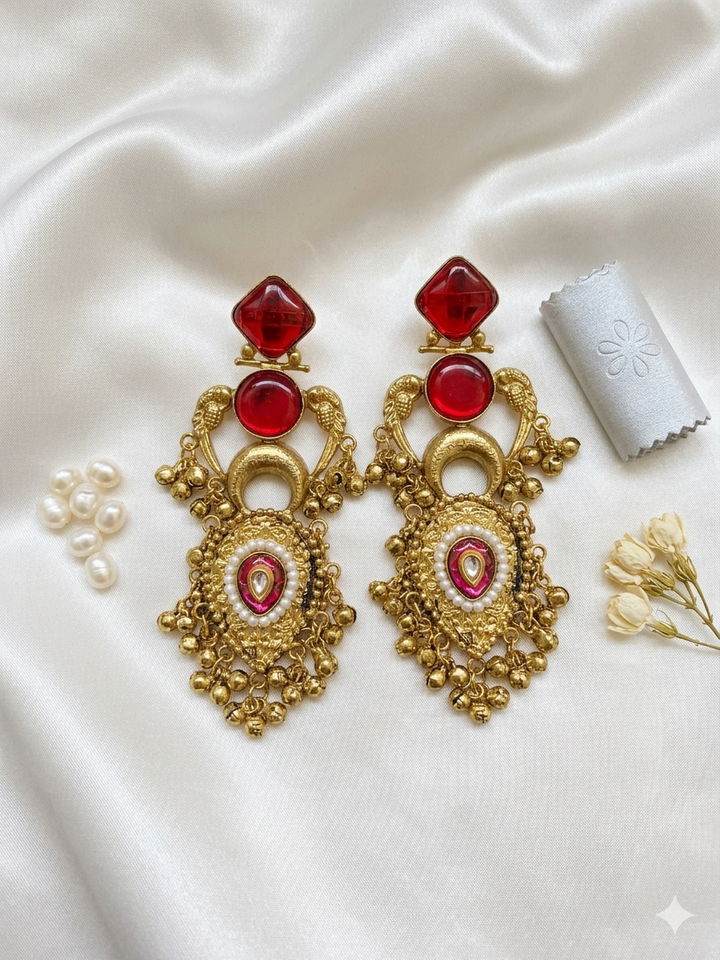 Antique Red Stone Kashmiri Earrings with Pearl Embellishments and Traditional Gold Finish for Festive Ethnic Statement Styling