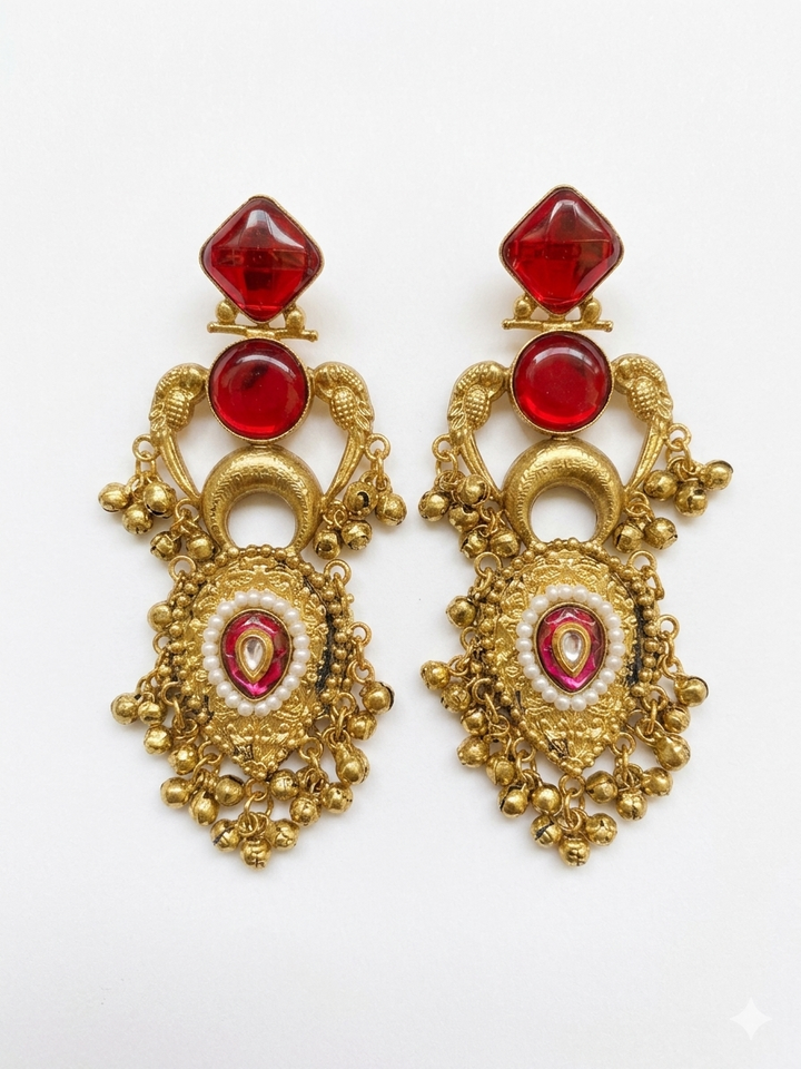 Antique Red Stone Kashmiri Earrings with Pearl Embellishments and Traditional Gold Finish for Festive Ethnic Statement Styling