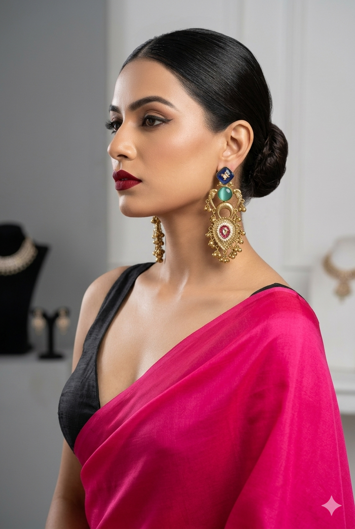 Royal Blue and Mint Stone Kashmiri Earrings with Antique Gold Finish and Pearl Detailing for Festive Ethnic Glamour