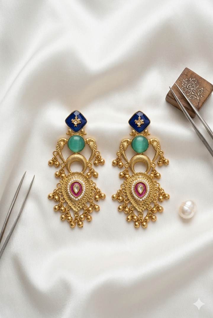 Royal Blue and Mint Stone Kashmiri Earrings with Antique Gold Finish and Pearl Detailing for Festive Ethnic Glamour