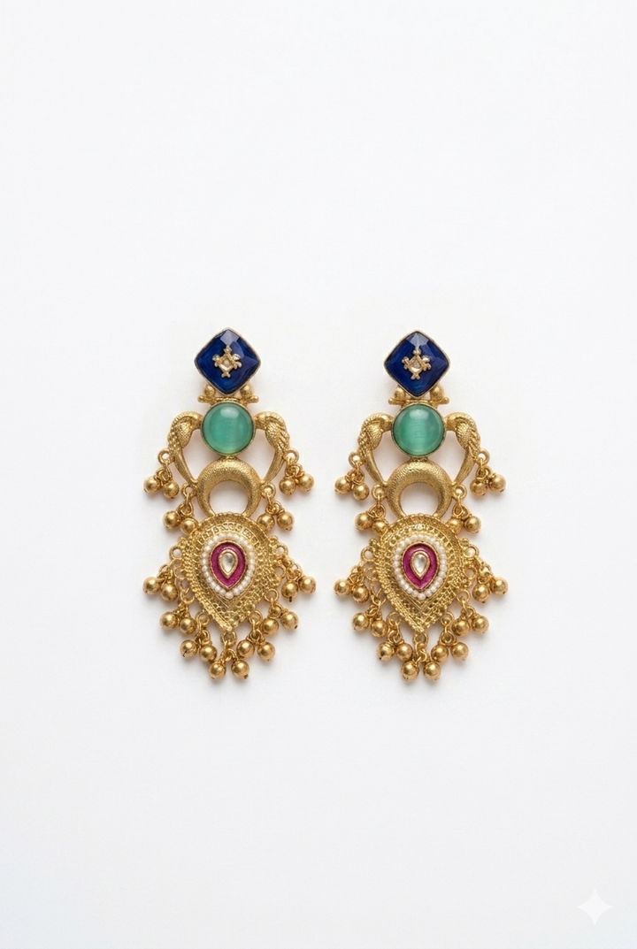Royal Blue and Mint Stone Kashmiri Earrings with Antique Gold Finish and Pearl Detailing for Festive Ethnic Glamour