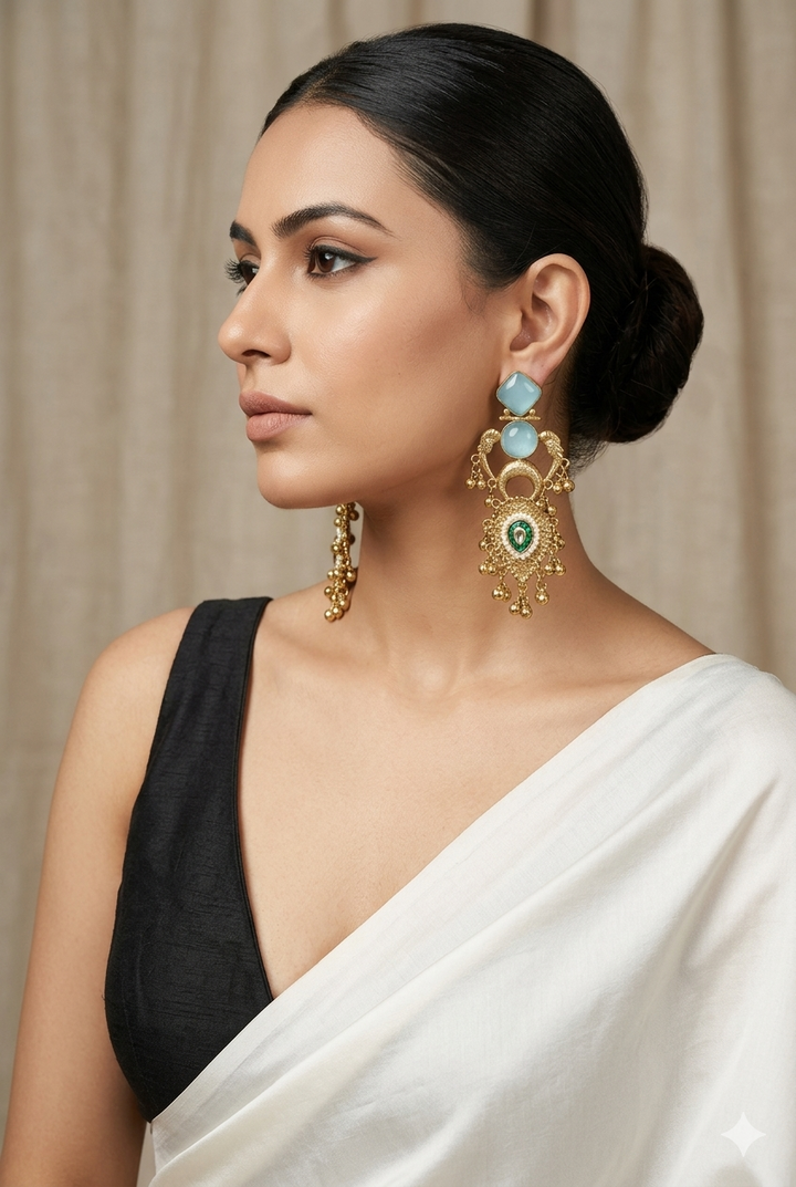 Sky Blue and Emerald Kashmiri Earrings with Antique Gold Finish and Pearl Detailing for Elegant Festive Ethnic Wear