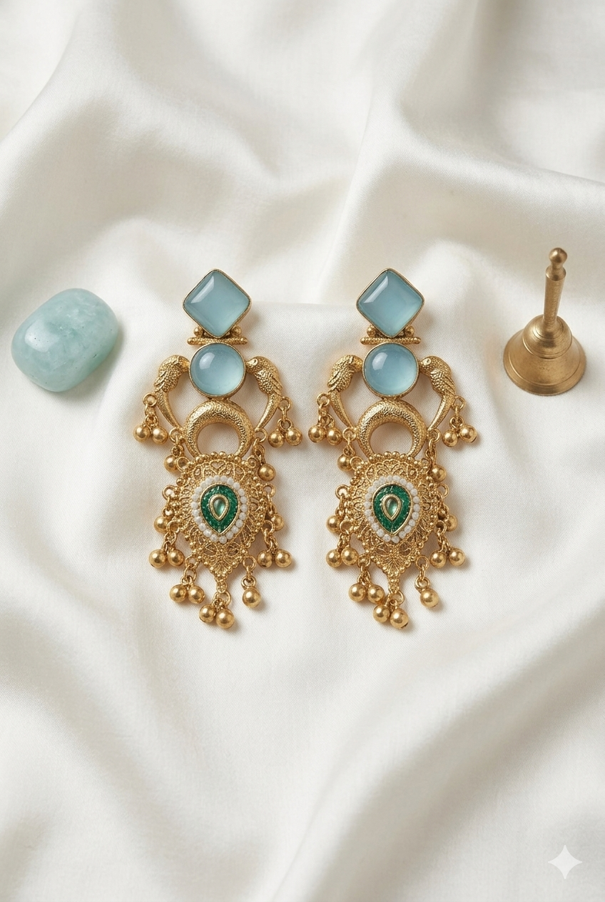 Sky Blue and Emerald Kashmiri Earrings with Antique Gold Finish and Pearl Detailing for Elegant Festive Ethnic Wear