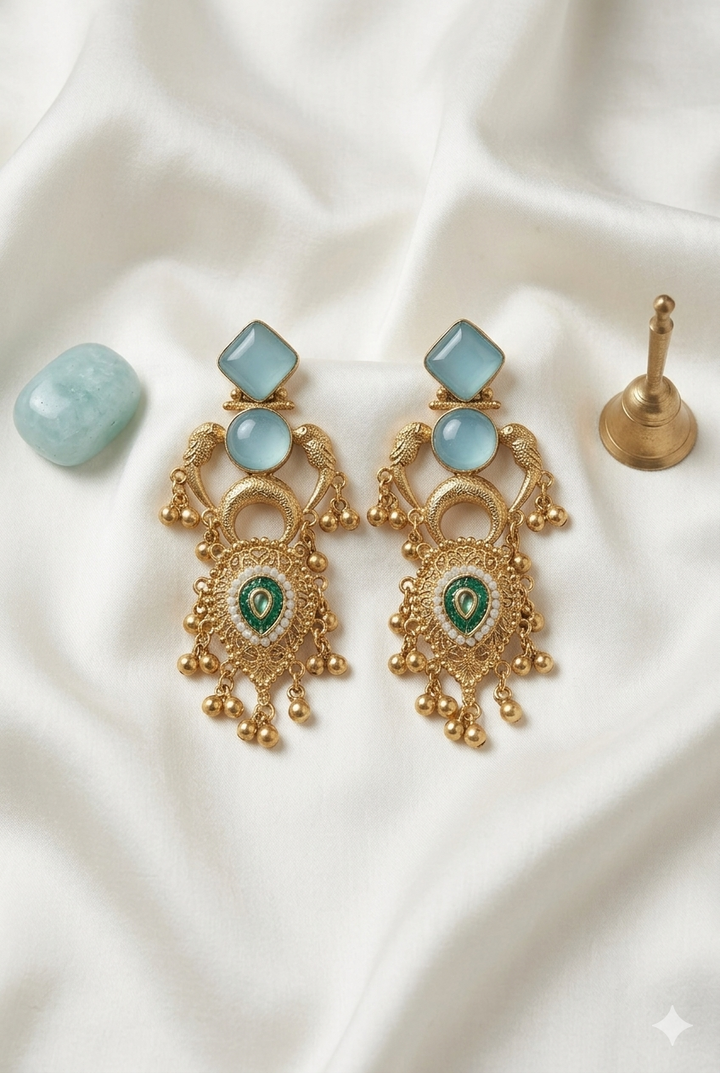 Sky Blue and Emerald Kashmiri Earrings with Antique Gold Finish and Pearl Detailing for Elegant Festive Ethnic Wear