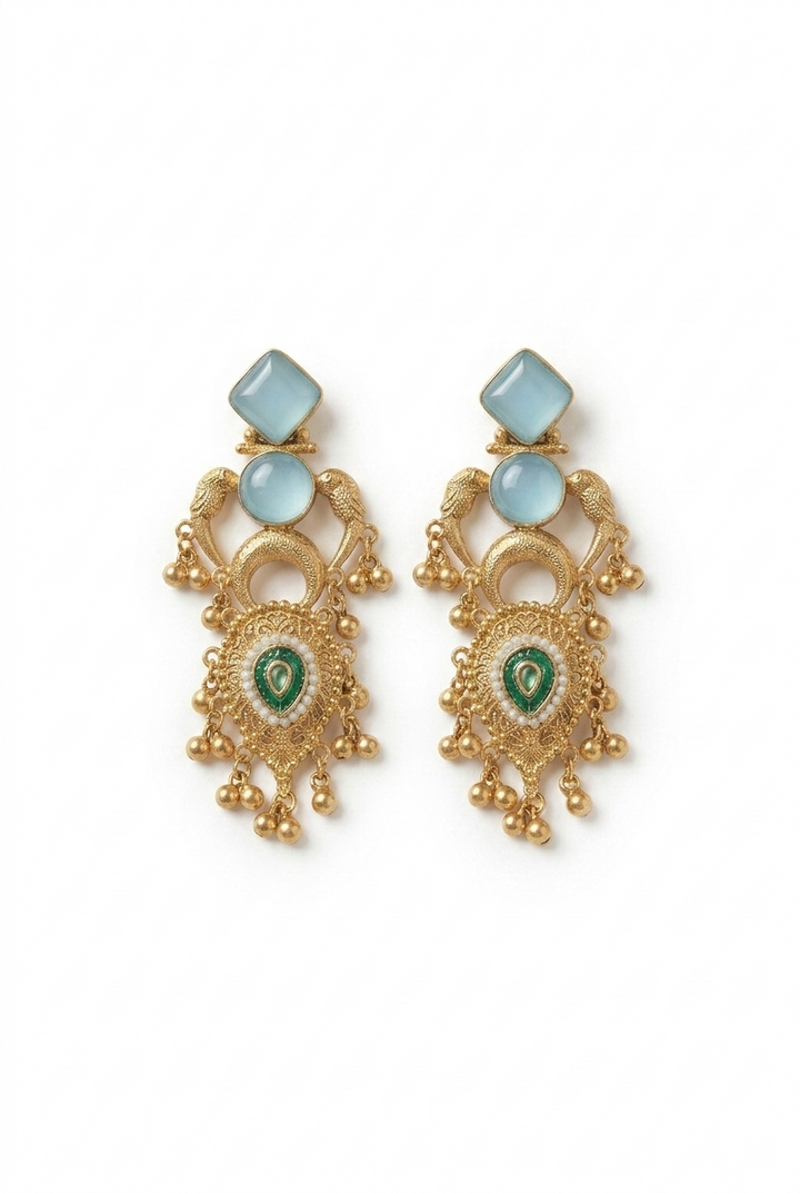 Sky Blue and Emerald Kashmiri Earrings with Antique Gold Finish and Pearl Detailing for Elegant Festive Ethnic Wear