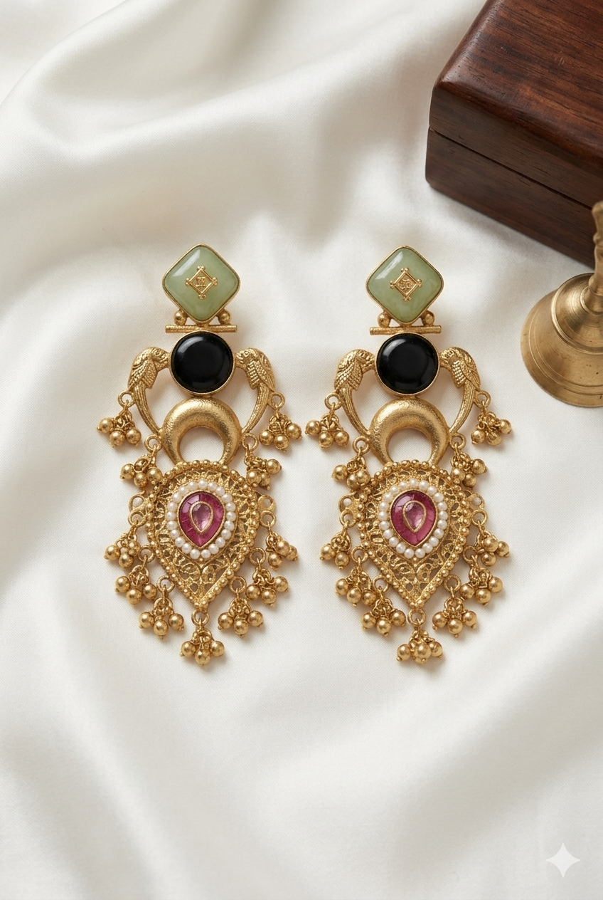 Royal Mint Green & Black Kashmiri Earrings with Pearl Detailing and Antique Gold Finish for Traditional Ethnic Elegance