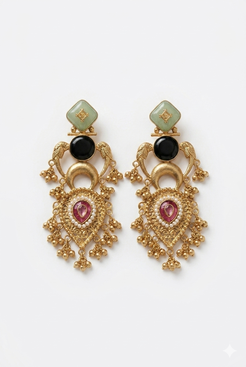 Royal Mint Green & Black Kashmiri Earrings with Pearl Detailing and Antique Gold Finish for Traditional Ethnic Elegance