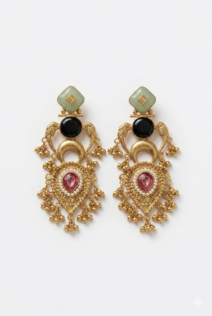 Royal Mint Green & Black Kashmiri Earrings with Pearl Detailing and Antique Gold Finish for Traditional Ethnic Elegance