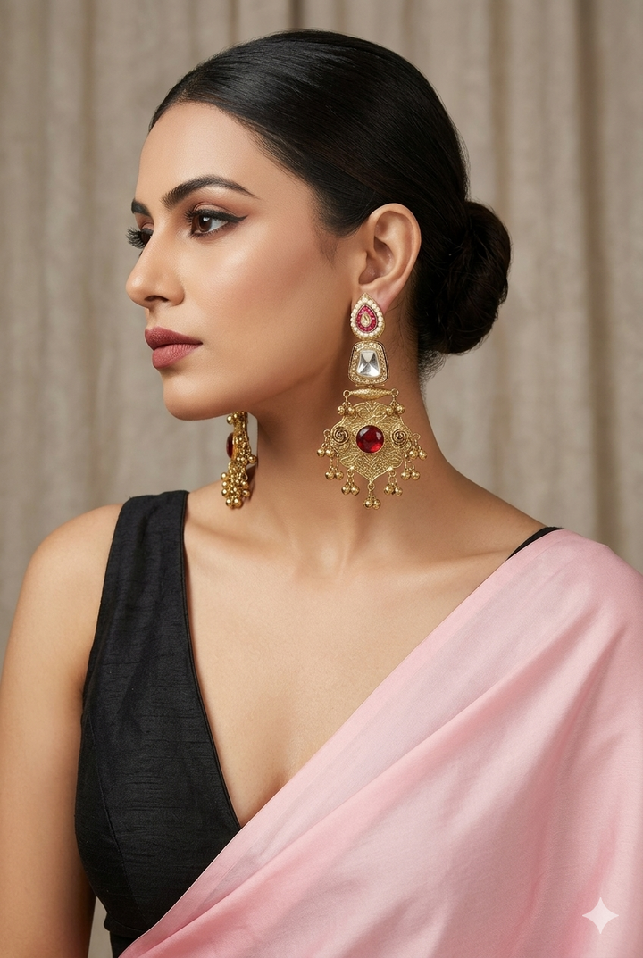 Antique Ruby Stone Kashmiri Earrings with Pearl Embellishments and Engraved Gold Finish for Royal Ethnic Festive Styling