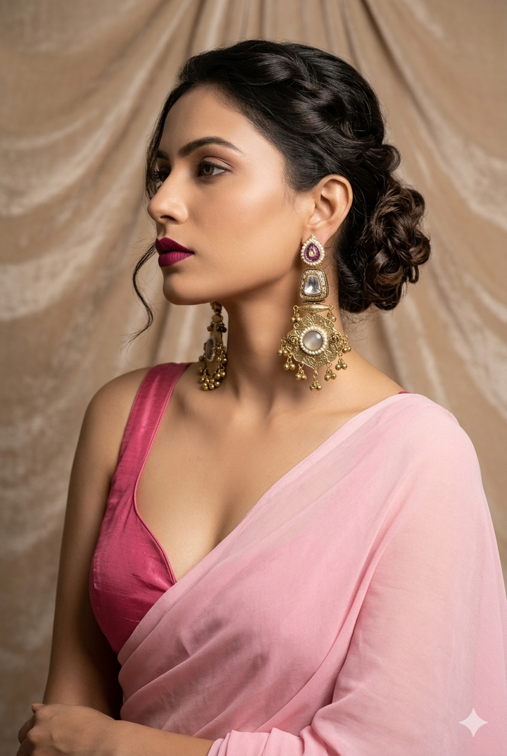 Pearl and Lavender Stone Kashmiri Earrings with Antique Gold Engraving for Elegant Traditional Festive Statement Jewelry Styling