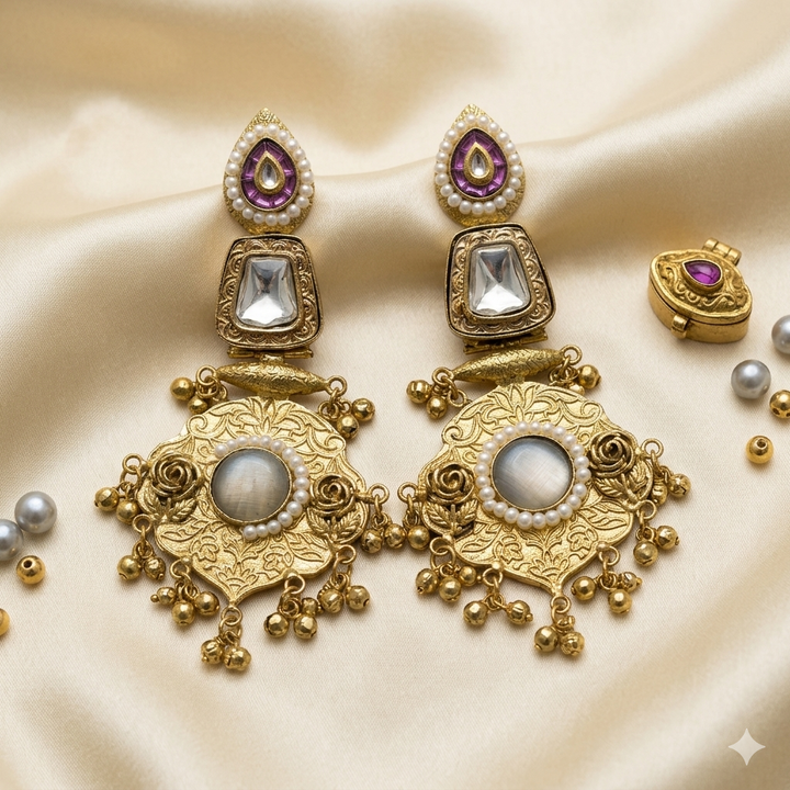 Pearl and Lavender Stone Kashmiri Earrings with Antique Gold Engraving for Elegant Traditional Festive Statement Jewelry Styling